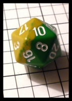 Dice : Dice - 20D - Chessex Half and Half Green and Yellow with White Numerals - Gnome Games Wisc Oct 2011